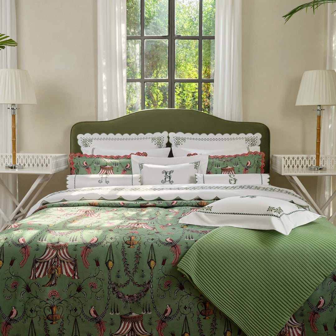 Seferî Flower Garden Bolster Cushion Cover with Monogram Embroidery - Green