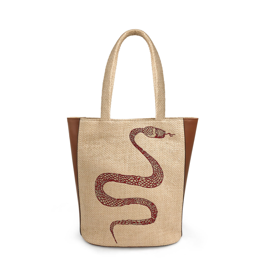 Snake Raffia Beach Bag Beige/Red
